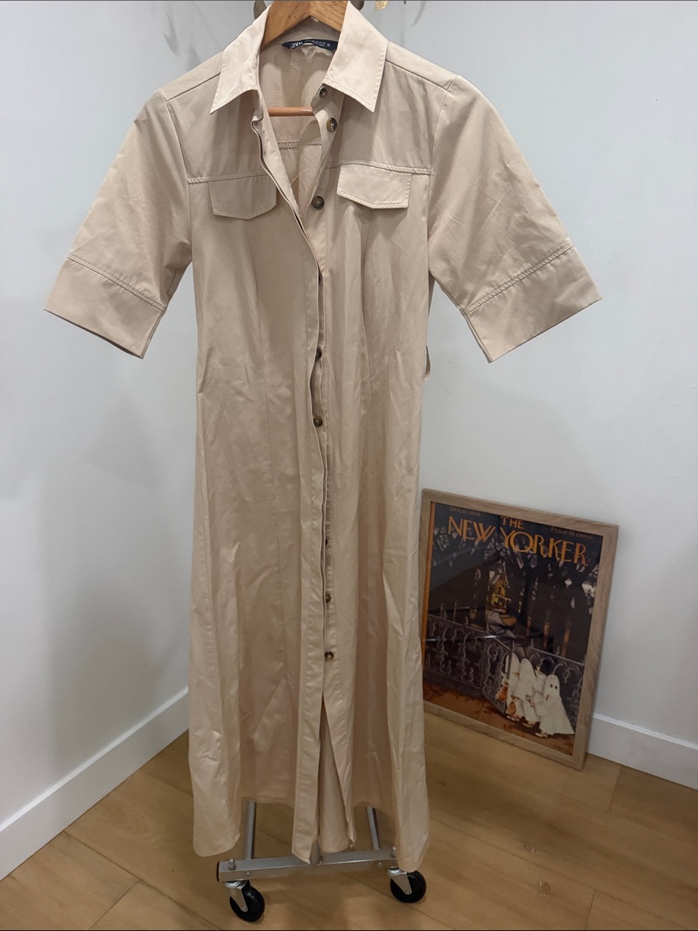 Zara Beige Maxi Shirt Dress with Button Front